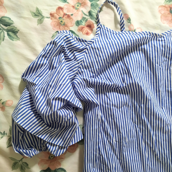 Blue Pinstriped Off the Shoulder Sleeve Dress - Picture 3 of 4